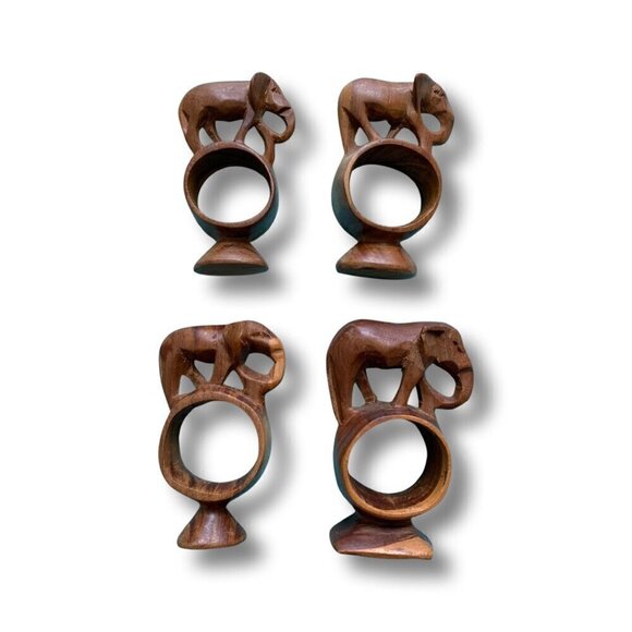 Vintage Handcarved Wooden Elephant Napkin Rings Set of 4 - Picture 1 of 6